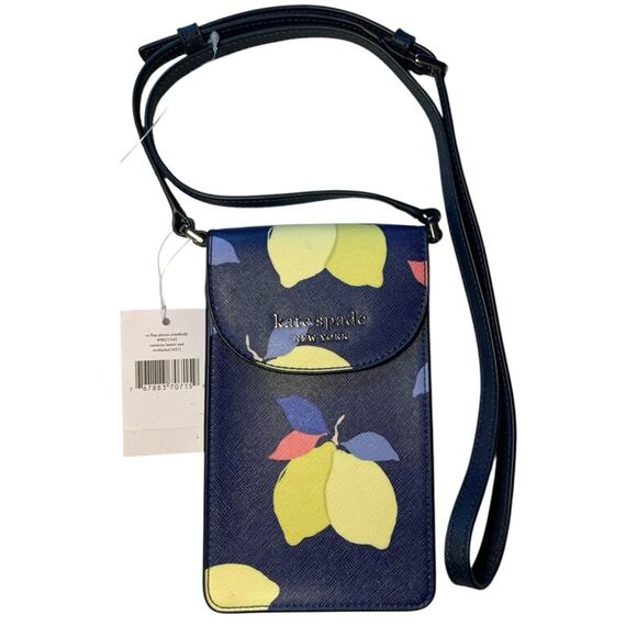 kate spade Handbags - NWT Kate Spade Navy Lemon Print Leather Flap Phone Crossbody